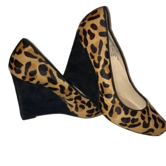 HALOGEN Cheetah Leopard Print Wedges Squared High Heel Womens 9.5M - Picture 1 of 10